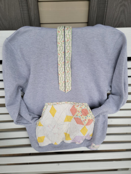 Vintage Quilt Pocket Hooded Sweatshirt - Size Medium